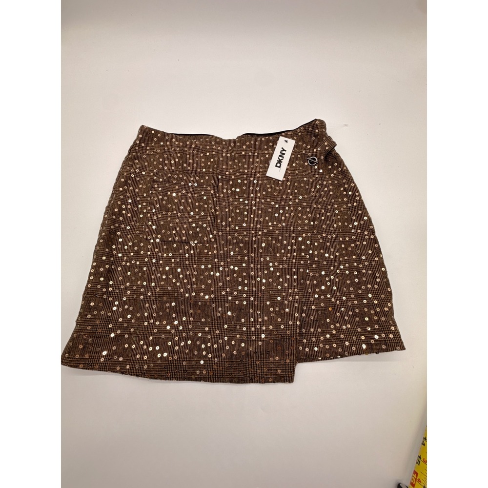 DKNY NWT Sequin Wrap Mini Skirt Brown Plaid Size 10 Rave Whimsy Goth Party
